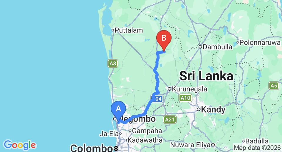 Transfer between Colombo Airport (CMB) and Yapahuwa Paradise Resort, Maho
