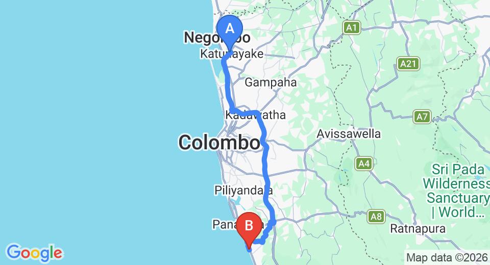 Transfer between Colombo Airport (CMB) and Sethrawan Ayurvedic Resort, Wadduwa City