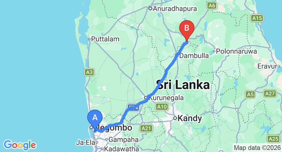 Transfer between Colombo Airport (CMB) and Kumbukgaha Villa, Sigiriya City
