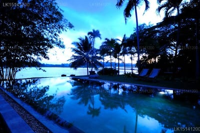 Java Moon - waterfront resort at dusk with palm trees and lounge chairs reflected in still water