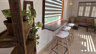 Rusty Bunk Villa, Kandy - modern bar seating area with potted plants and striped window blinds