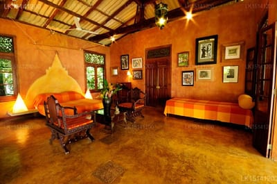Java Moon - warm orange-walled room with traditional furniture and artwork displays