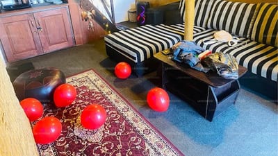 Willmount Cabins - red balloons scattered across cabin floor near sofa