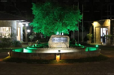 Hotel Clauria - night view of illuminated entrance with green-lit tree and sign