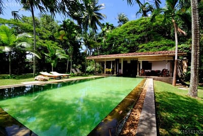 Java Moon - tropical garden with emerald-green pool and wooden deck pathway