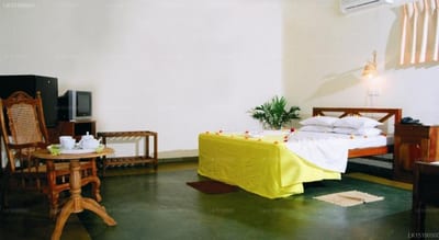 Boulder Range Resort - bedroom with wooden bed, yellow coverlet, green floor