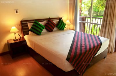 The Paradise Resort & Spa - spacious bedroom with bed, colorful pillows, and balcony overlooking greenery