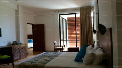 The Rain Tree - spacious bedroom with bed, wooden furniture and glass balcony doors
