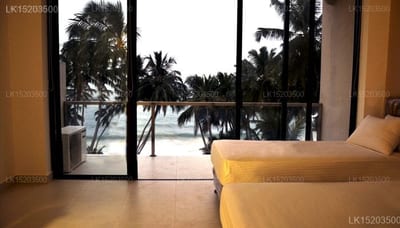Dream Beach Resort - bedroom with glass doors opening to tropical palm garden view