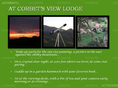 Corbets View - sunrise over mountains, telescope pointed at landscape, aerial view of garden hammock