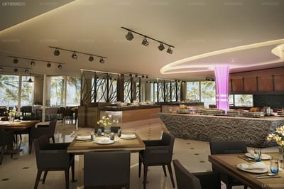 Heritance Negombo - modern hotel restaurant with dining tables, bar counter, and garden views