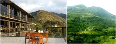 Oak Ray Tea Bush, Ramboda - wooden deck with chairs overlooking misty green tea-covered mountains
