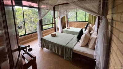 Sanatha Suwaya - four-poster bed with sheer curtains and forest views