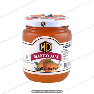 MD Mango Jam - front of jar with red label and open lid showing contents
