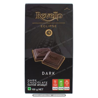 Revello Eclipse Dark Chocolate - front of pack showing dark chocolate squares and nutrition information panel
