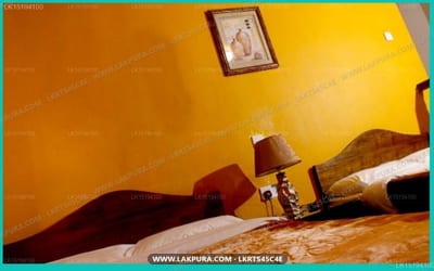 Tinithi-Villa, Nuwara Eliya - bright yellow bedroom wall with bed and framed portrait